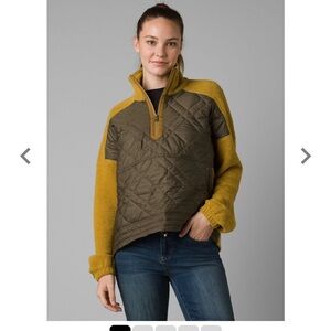 Prana yellow Glen Ivy pullover 1/4 zip quilted center two zip pockets fleece